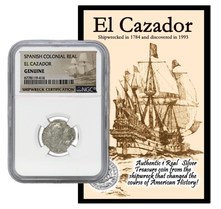 Read more about the article 1772 – 1783 Mexico El Cazador 1 Real Silver Shipwreck Coin NGC 1R Genuine and Card