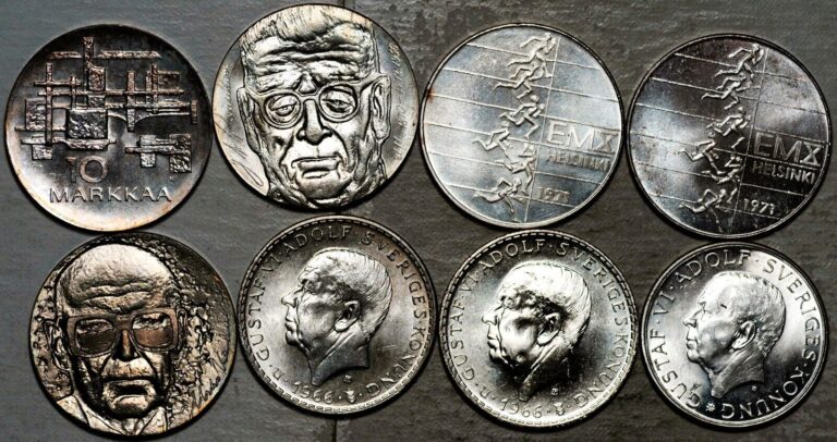 Read more about the article 1966-1972 FINLAND SWEDEN LOT OF 8 SILVER COINS 10 MARKKAA 5 + 10 KRONOR (UNC-BU)