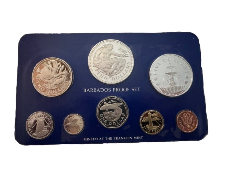 Read more about the article 1980 Barbados Franklin Mint 8 Coin Proof Set  Silver $10 and $5 W/COA Free Ship!