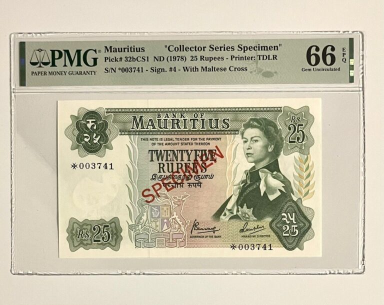 Read more about the article Mauritius Franklin Mint 25 Rupees P#32bCS1 ND (1978) Specimen PMG 66 EPQ Gem Unc