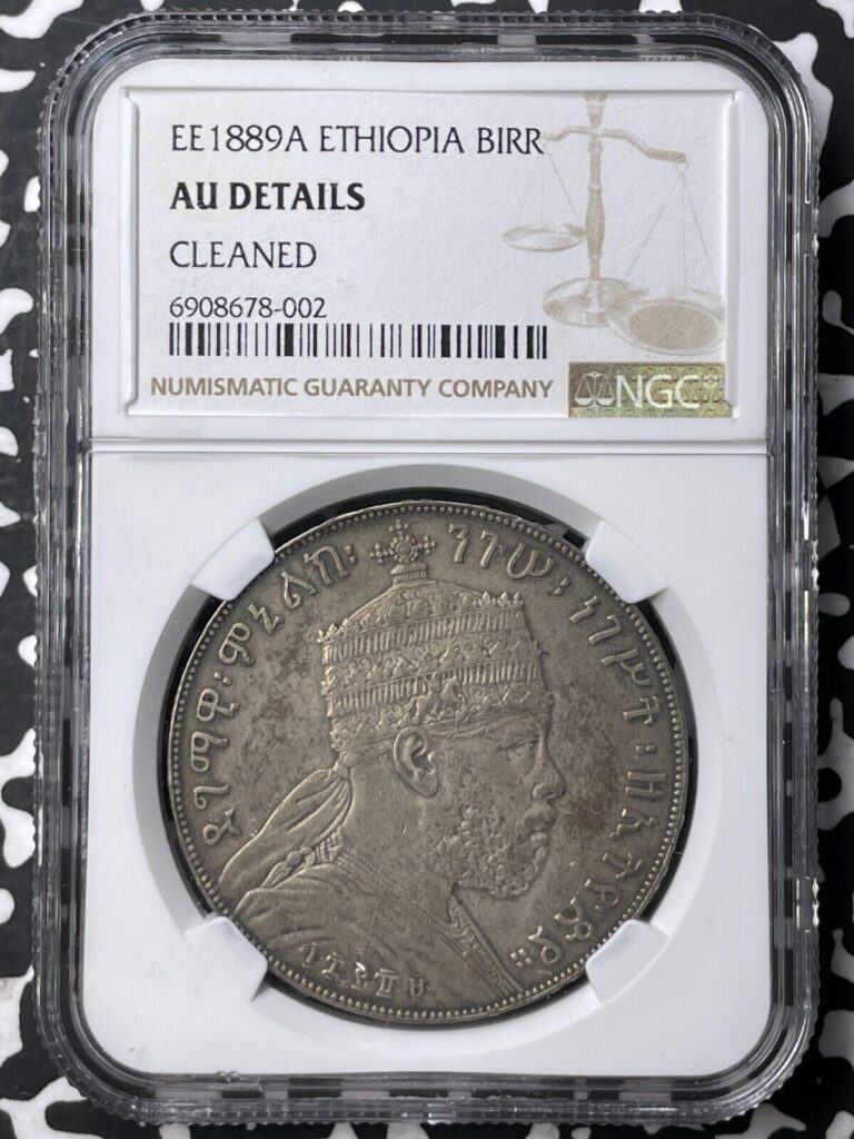 Read more about the article EE 1889-A (1897) Ethiopia 1 Birr NGC Cleaned-AU Details Lot#G8373 Large Silver!