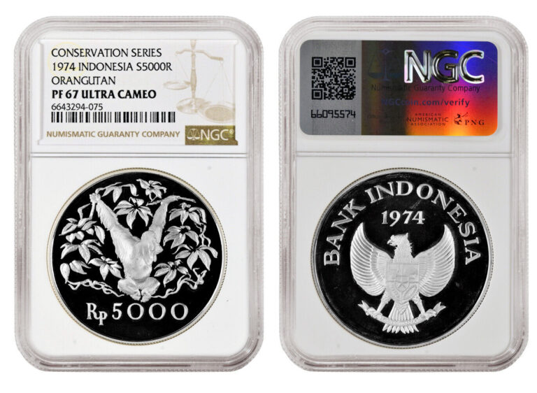 Read more about the article INDONESIA 5000 Rupiah 1974 Silver 1.04oz. ASW NGC PF67 ‘Conservation -Orangutan’