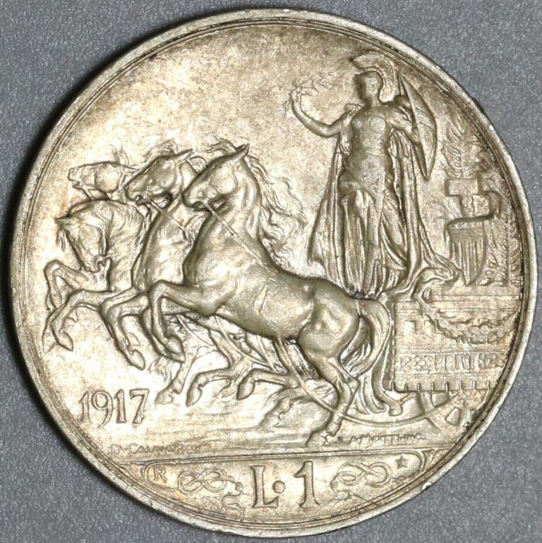 Read more about the article 1917 Italy 1 Lira AU Horses Chariot Quadriga Rome Mint Silver Coin (23112803R)