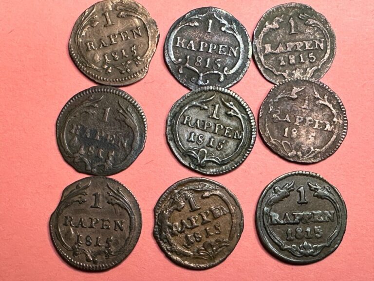 Read more about the article LOT OF 9 – 1815 Switzerland 1 Rapen and Rappen Coins – Canton of Schwyz #XX109