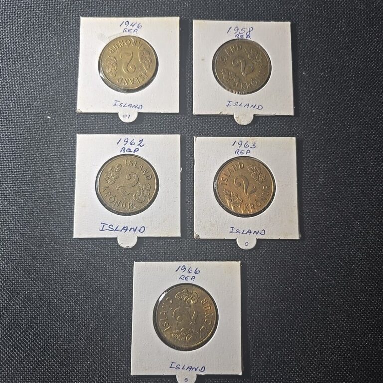 Read more about the article B9*Iceland 2 Kronur  Lot Of 5 Coins 1946-1966