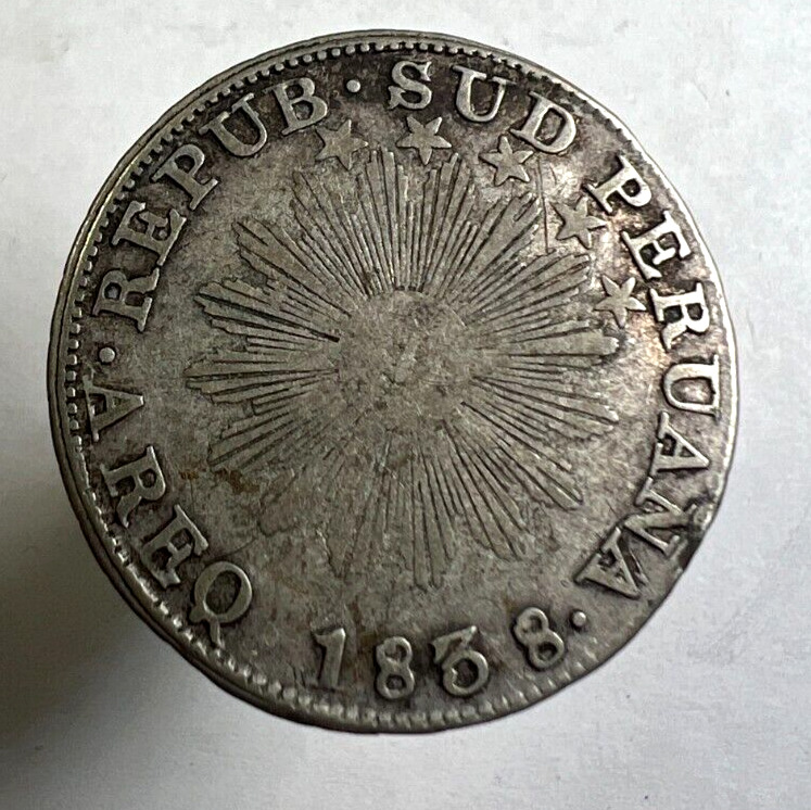 Read more about the article 1838 South Peru 2 Reales AREQUIPA  KM# 169.2  2R  Sun Face  Scarce!
