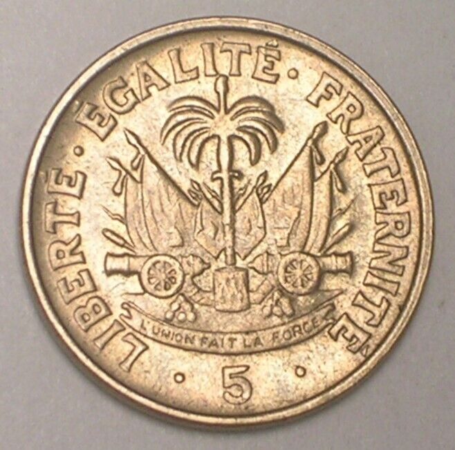 Read more about the article 1958 Haiti Haitian 5 Centimes Cannons in Arms Coin XF