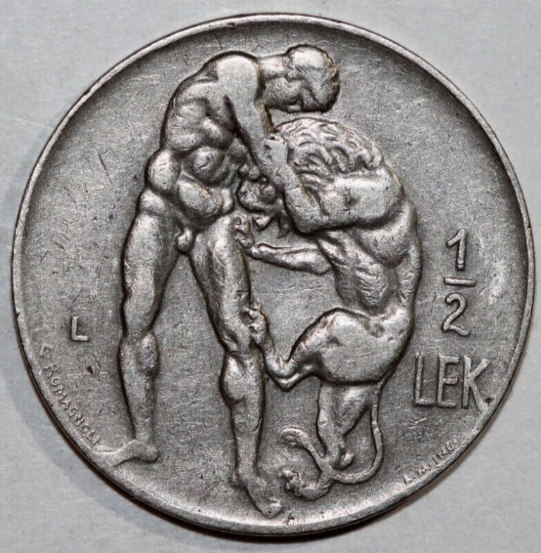 Read more about the article Albania  1931     1/2 Lek  Hercules wrestling nemean lion   Foreign Coin  24mm