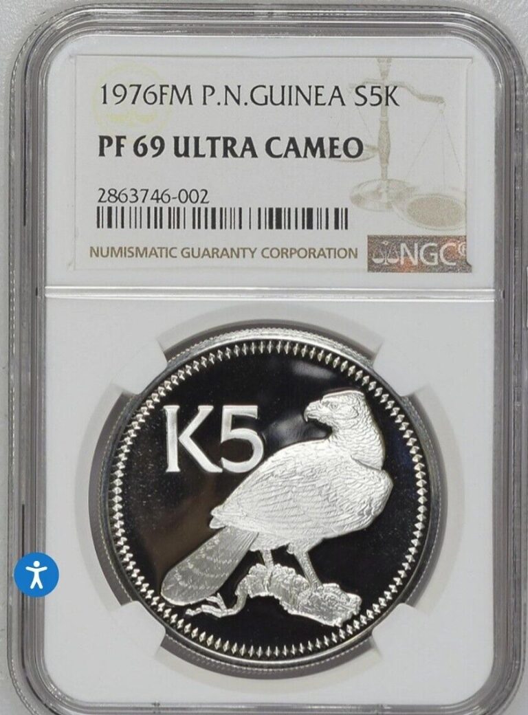 Read more about the article 1976 SILVER 5 KINA PAPUA NEW GUINEA EAGLE ( NGC ) PF 69 ULTRA CAMEO