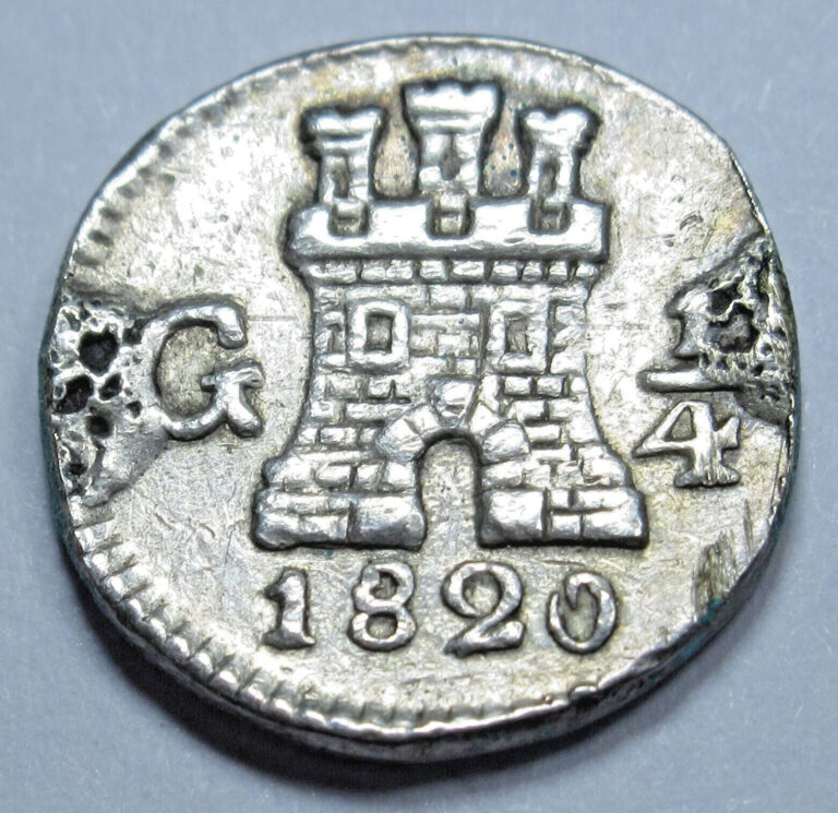 Read more about the article 1820 Solder Marks XF Small Guatemala Silver 1/4 Reales 1800’s Guatemalan Coin