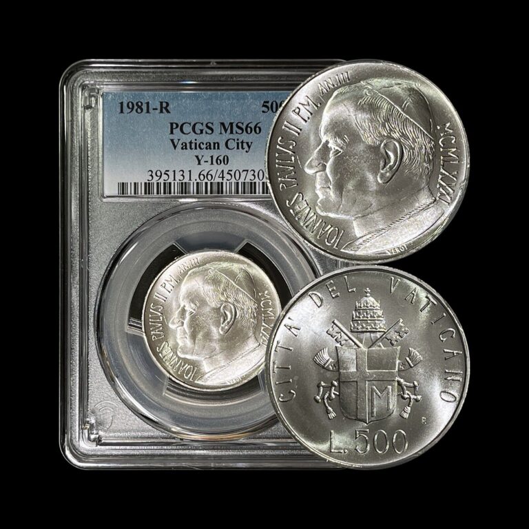 Read more about the article VATICAN CITY. 1981  500 Lire  Silver – PCGS MS66 – Pope John Paul II  Papal Arms