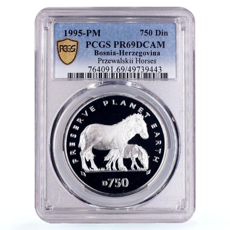 Read more about the article Bosnia Herzegovina 750 dinara Przewalskii Horses PR69 PCGS silver coin 1995