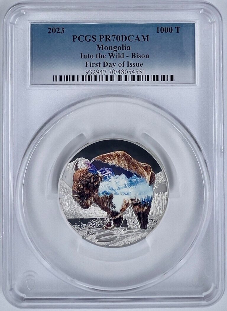 Read more about the article 2023 Mongolia 1000T Into the Wild Bison 2 Oz Silver Coin PCGS PR70DCAM FDOI