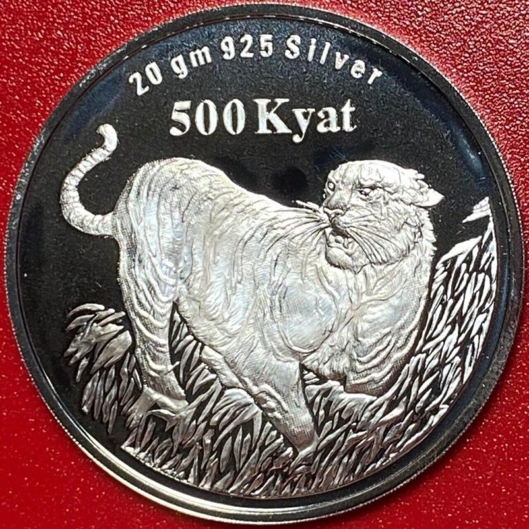 Read more about the article 1998 MYANMAR (BURMA) 500 KYAT SILVER PROOF TIGER IN GRASS LOTUS FLOWER RARE COIN