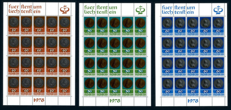 Read more about the article Liechtenstein Y17 MNH 3 Sheets 1978 old Coins Medals CV 44 eur