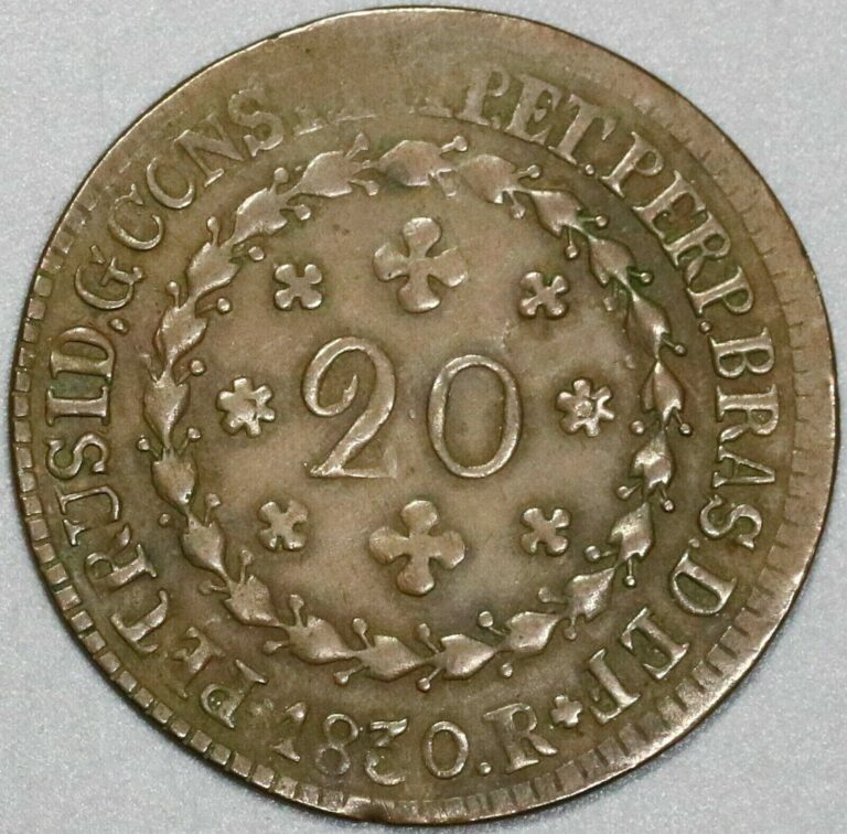 Read more about the article 1830-R Brazil 20 Reis  Rio Mint Scarce Copper Coin (23120301R)