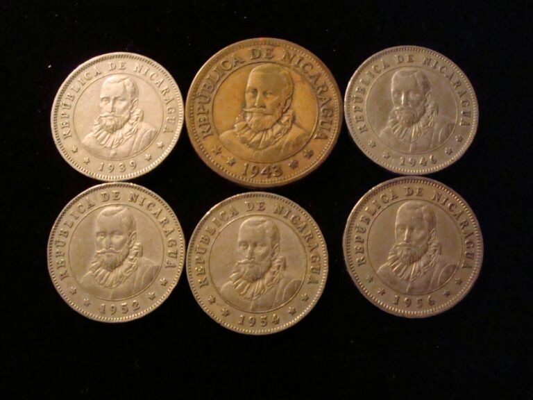 Read more about the article Nicaragua 25 centavos 6 coin lot 1939  1943  1946  1952  1954  1956