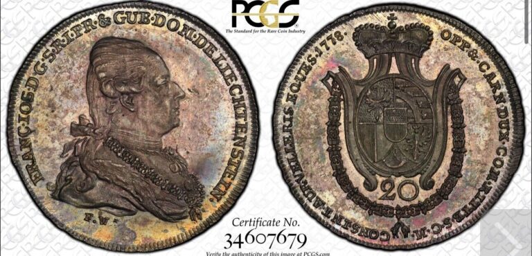 Read more about the article LIECHTENSTEIN. 20 Kreuzer  1778. PCGS MS-61 Gold Shield. KM-C4