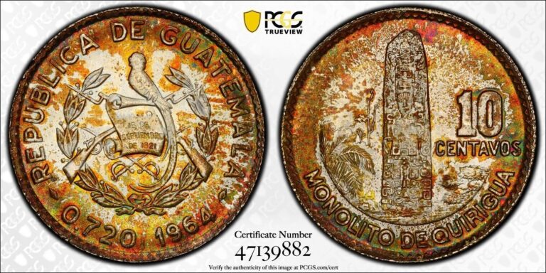 Read more about the article MS66 1964 10C Guatemala Silver 10 Centavos  PCGS Trueview- Vivid Rainbow Toned