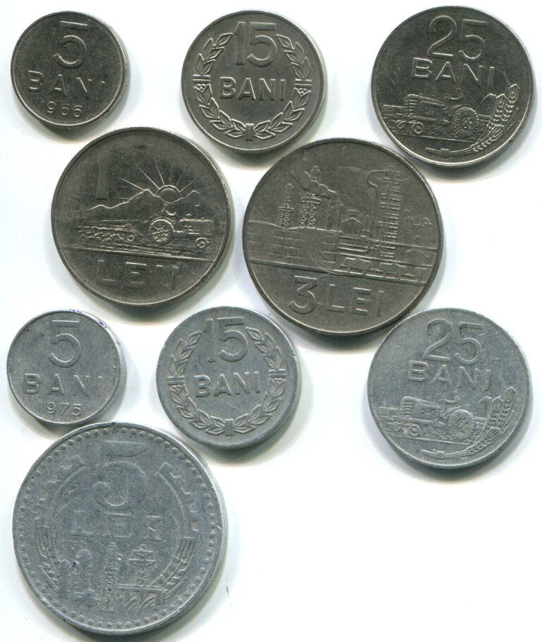 Read more about the article Romania 1966 1975 1978 1982  5 + 15 + 25 Bani  1 Leu + 3 + 5 Lei  lot of 9 coins