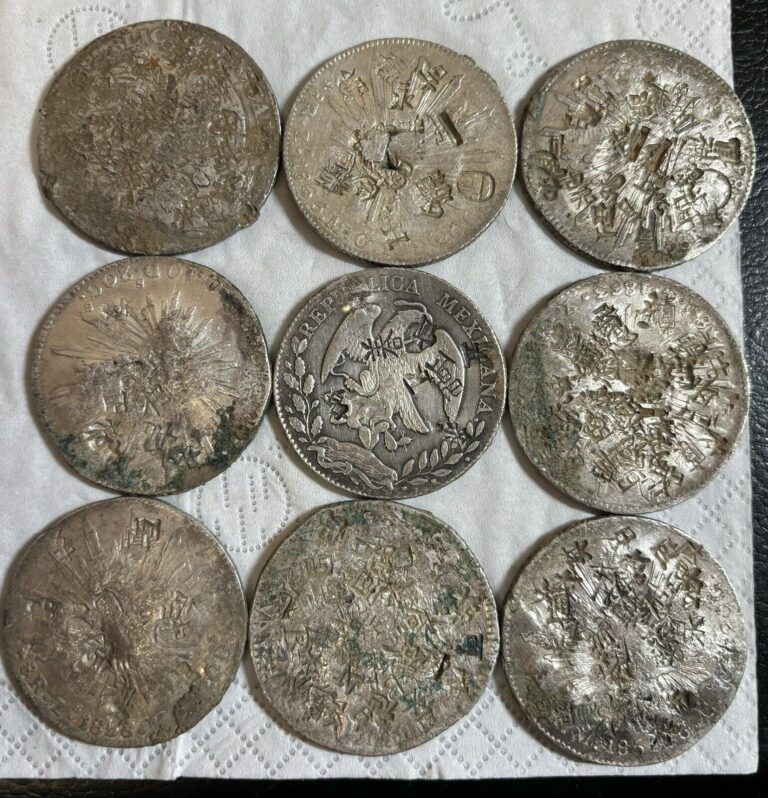 Read more about the article Lot Of 9 Mexico 8 Reales Silver Coin Cap and Rays