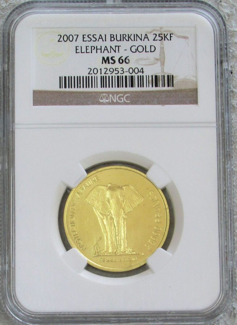 Read more about the article 2007 GOLD ONLY 85 MINTED BURKINA FASO PATTERN ELEPHANT NGC MINT STATE 66