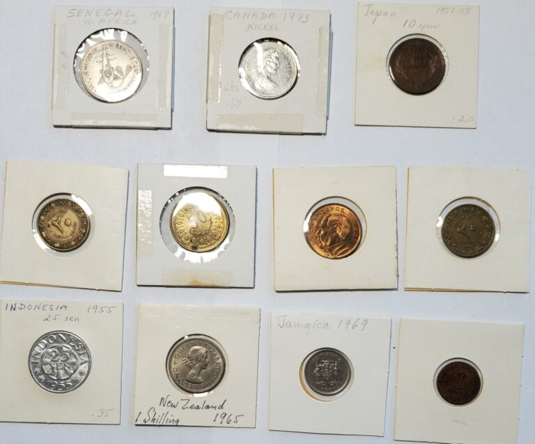 Read more about the article Mixed Lot Of 11 World Coins Senegal  Canada  Indonesia  Jamaica  Mexico  Japan