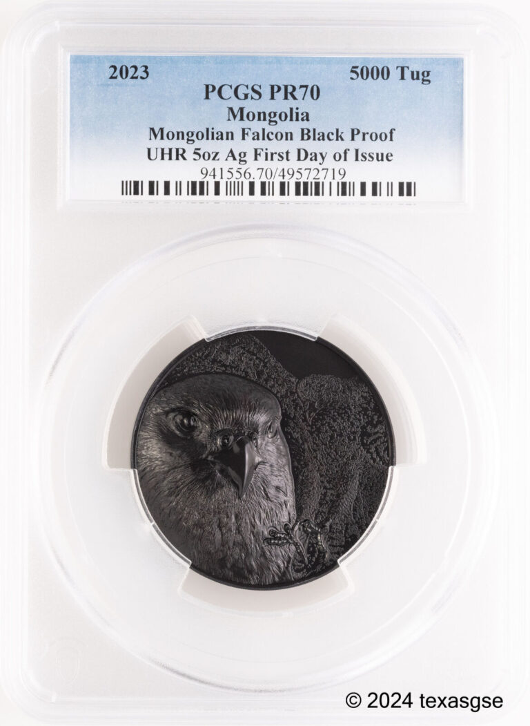 Read more about the article 2023 5oz Silver Mongolia Falcon High Relief Black Proof PCGS PR70 FDI