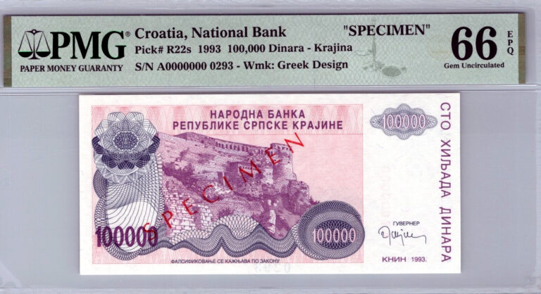 Read more about the article Croatia 100 000 Dinara-Krajina Pick# R22s 1993 Specimen PMG EPQ Gem Unc Banknote