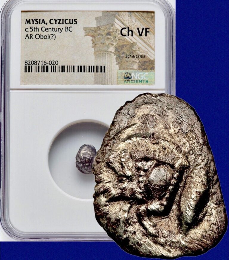 Read more about the article Ancient Greek Silver Coin 5th Century BC MYSIA CYZICUS AR Obol NGC Choice VF