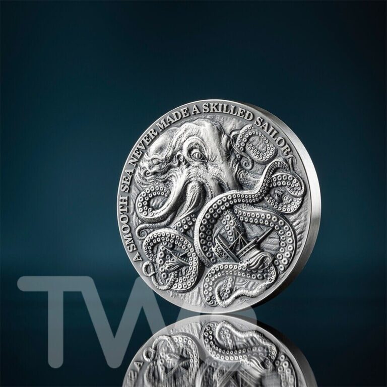 Read more about the article Kraken Life Quotes 1oz Antique finish Silver Coin 5 Cedis Republic of Ghana 2024