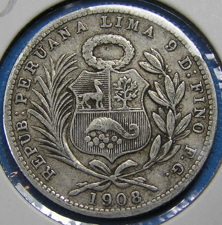 Read more about the article Peru 1/5 Sol .900 Silver Coin 1908 FG  KM-205.2  Free S/H after 1st item