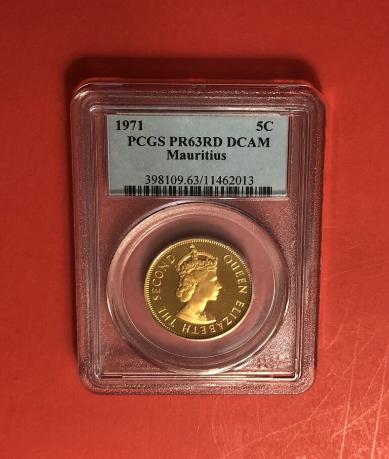 Read more about the article MAURITIUS-1971-5 CENTS COIN GRADED BY PCGS PF 63 RED DCAM.