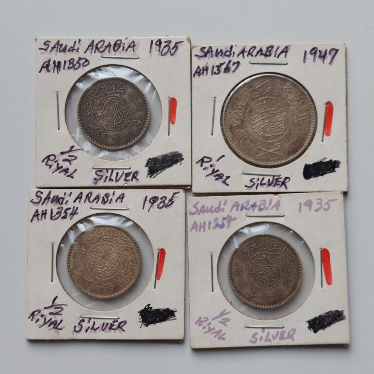 Read more about the article Lot of 4 Saudi Arabia Coins- 3 AH 1354 (1935)  Silver 1/2 Riyal + 1947 1 Riyal