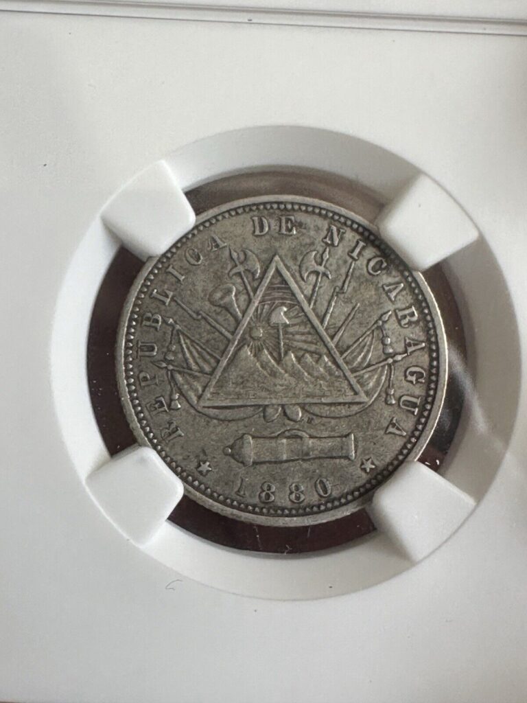 Read more about the article 1880 Nicaragua 20 Centavos Heaton NGC XF 45