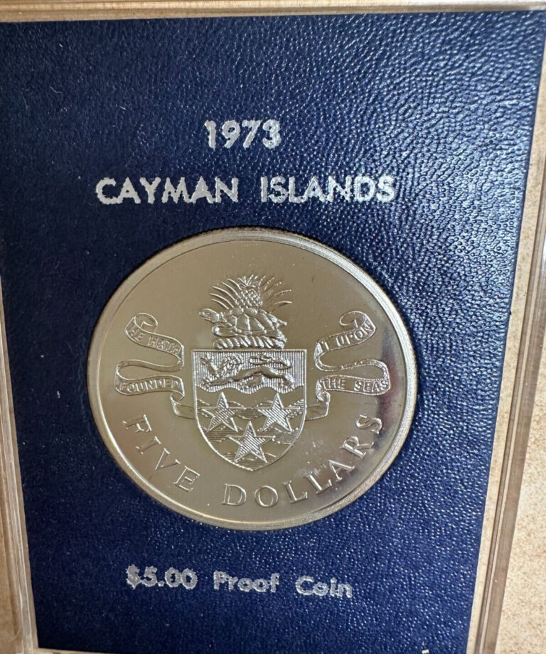 Read more about the article 1973 CAYMAN ISLANDS 4.2cm Proof Silver $5 Coin w Queen Elizabeth II