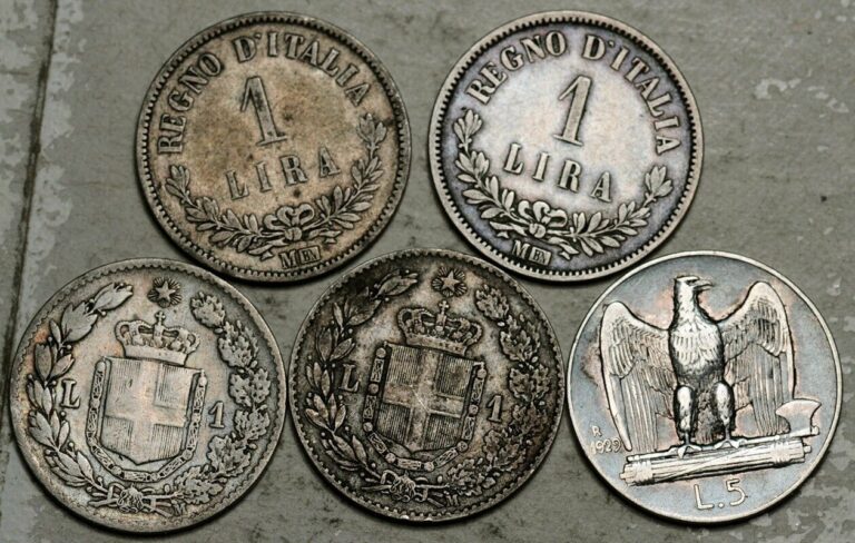 Read more about the article ITALY LOT OF 5 SILVER COINS: 1 + 5 LIRA 1863 (x2) + 1887 (x2) + 1929