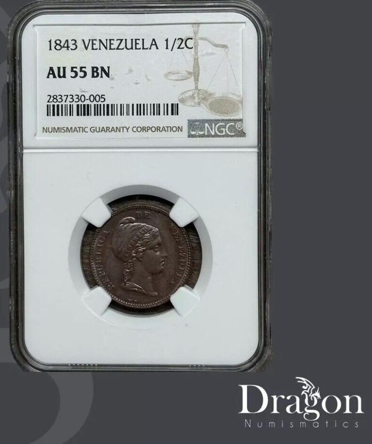 Read more about the article VENEZUELA  1843 – 1 /2 CENTAVO Liberty head right  AU 55 BN NGC 🇻🇪🐉