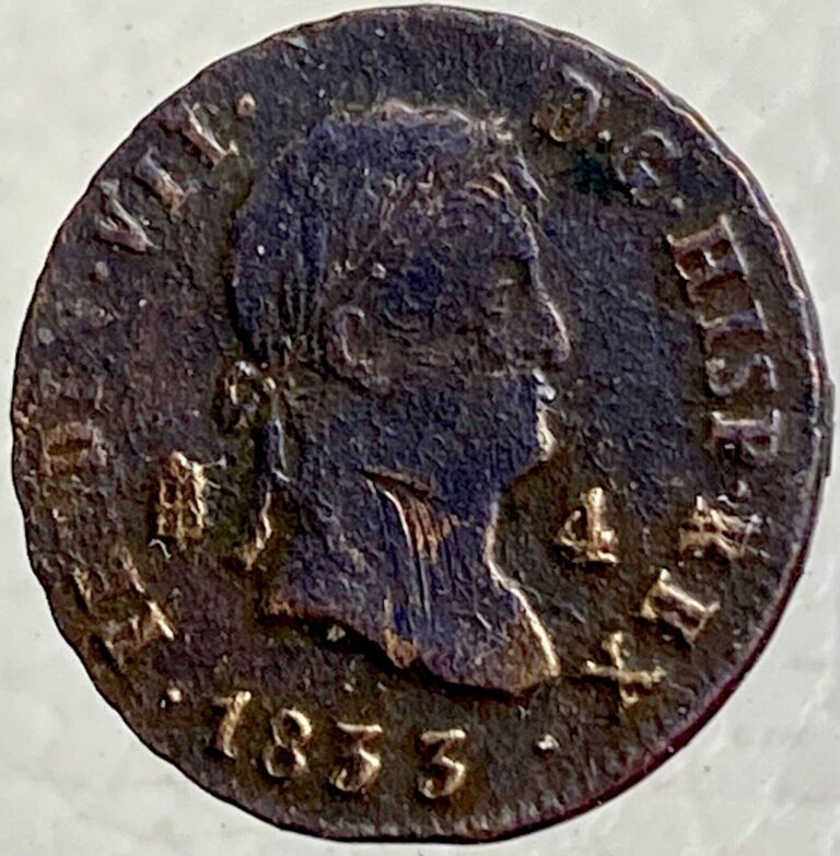 Read more about the article 1833 Spanish 4 Maravedis Rare Coin King Ferdinand VII Castles Lions Don Pelayo