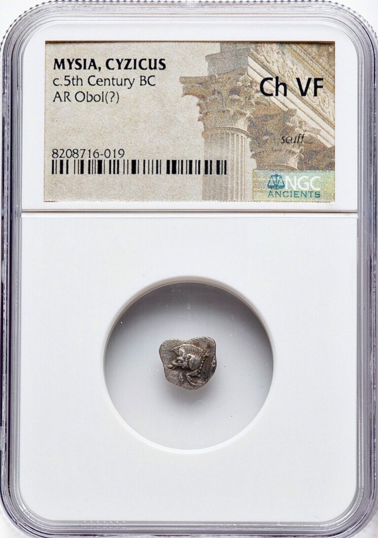 Read more about the article Ancient Greek Silver Coin 5th Century BC MYSIA CYZICUS AR Obol NGC Choice VF