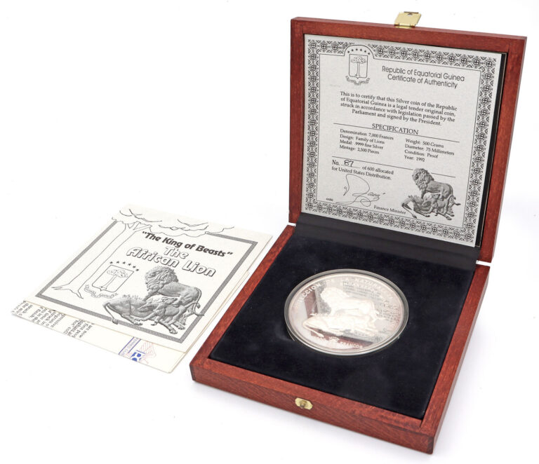 Read more about the article 1992 Equatorial Guinea Elephant and Lion Proof Coin 7000 Francos .9999 Silver 500g