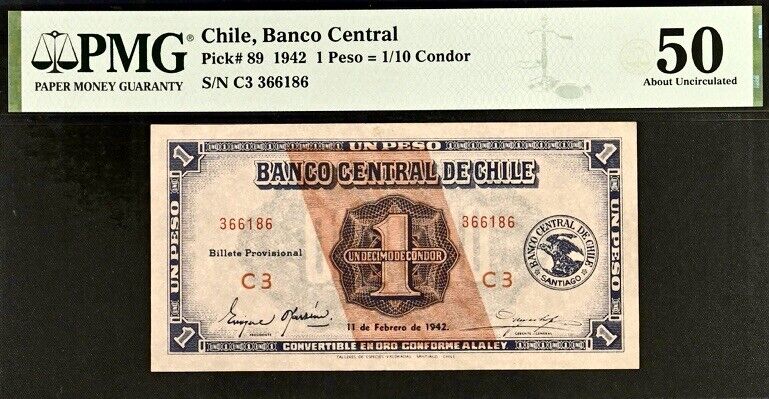 Read more about the article Chile 1 Peso= 1/10 Condor  1942 Pick# 89 PMG 50 About uncirculated Banknote