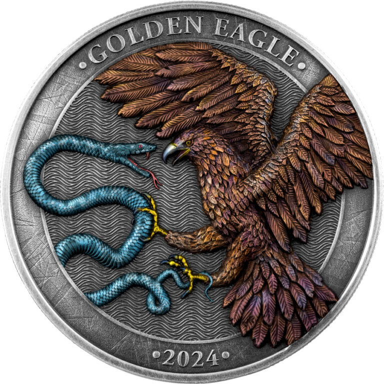 Read more about the article 2024 Malta Golden Eagle 2 oz Antiqued and Colored Silver High Relief Mintage 500