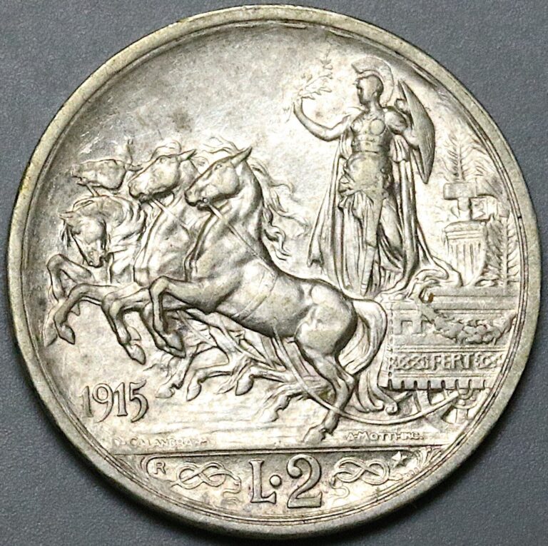 Read more about the article 1915 Italy 2 Lire AU Horses Chariot Quadriga Silver Coin (24053102R)