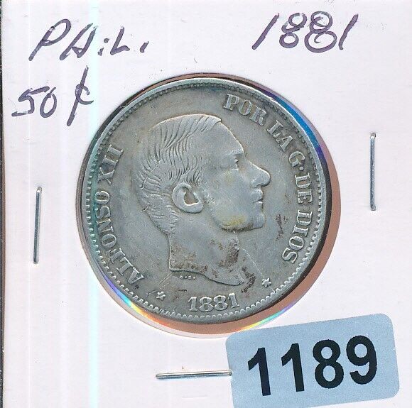 Read more about the article PHILIPPINES – SPANISH RULE 1881 – 50 CENT K150 SILVER – #1189