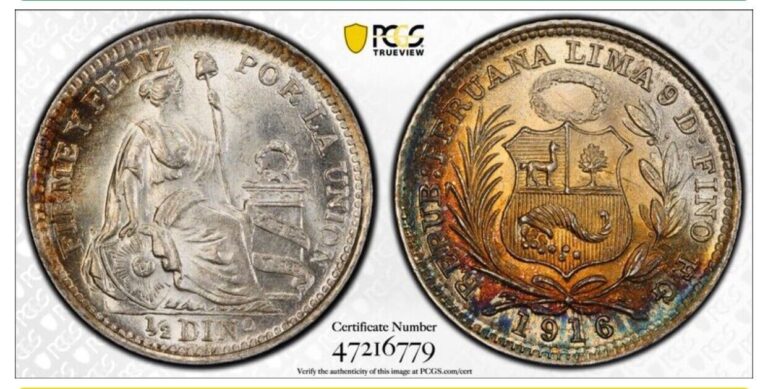 Read more about the article 1916 FG PERU 1/2 DINAR SILVER COIN PCGS MS64