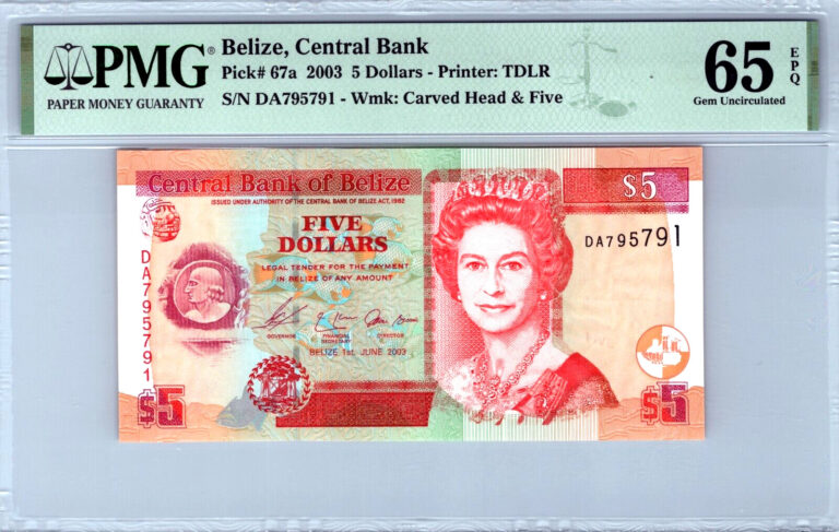 Read more about the article Belize 5 Dollars Pick# 67a 2003 PMG 65 EPQ Gem Uncirculated Banknote