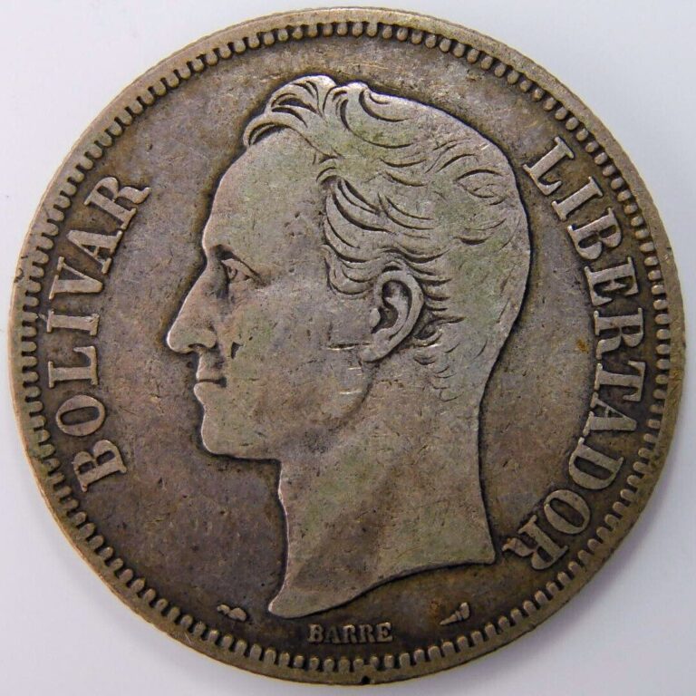 Read more about the article 1911 VENEZUELA 5 BOLIVARES .900 Fine Silver Crown Size Coin i033