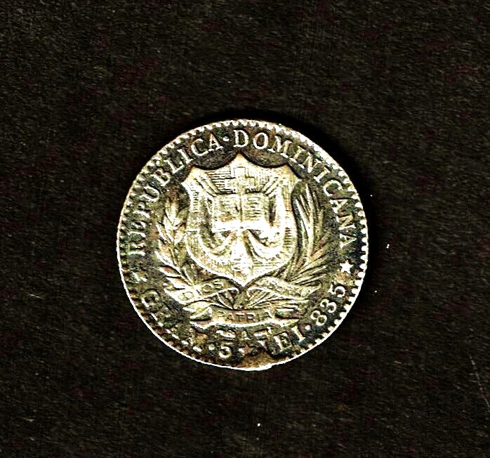 Read more about the article 1891-a Dominican Republic  Franco 0.8350 silver coin (low mintage/rare} at V.F.