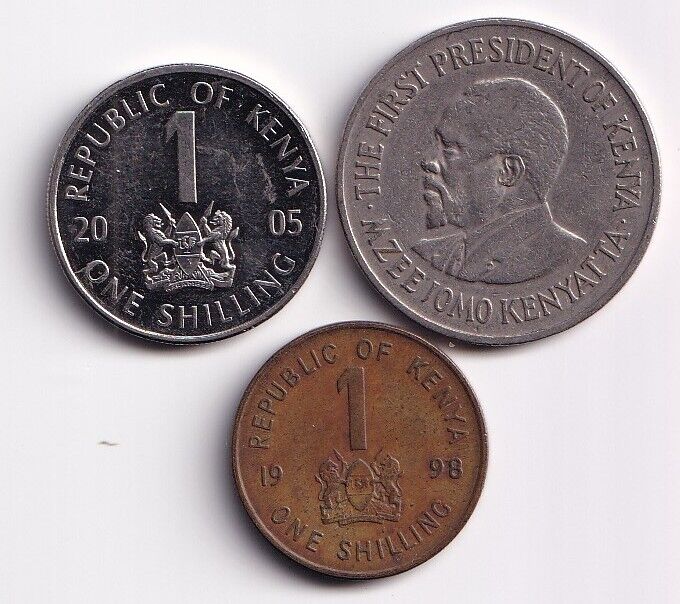 Read more about the article Three Kenya coins  all 1 Shilling  1973  1998  2005